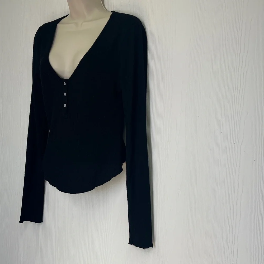 Free People - Intimately Keep It Basic Black Ribbed Soft Henley Blouse Small - Picture 5 of 10